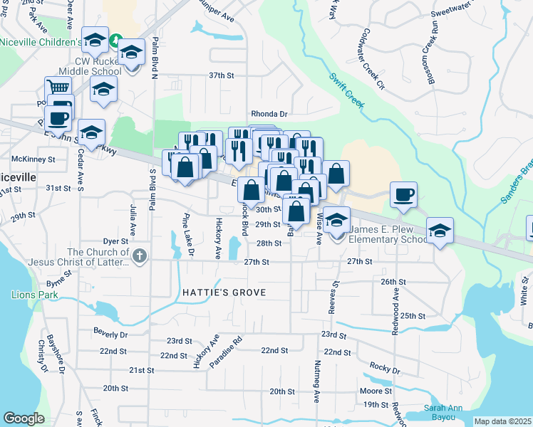 map of restaurants, bars, coffee shops, grocery stores, and more near 1419 29th Street in Niceville