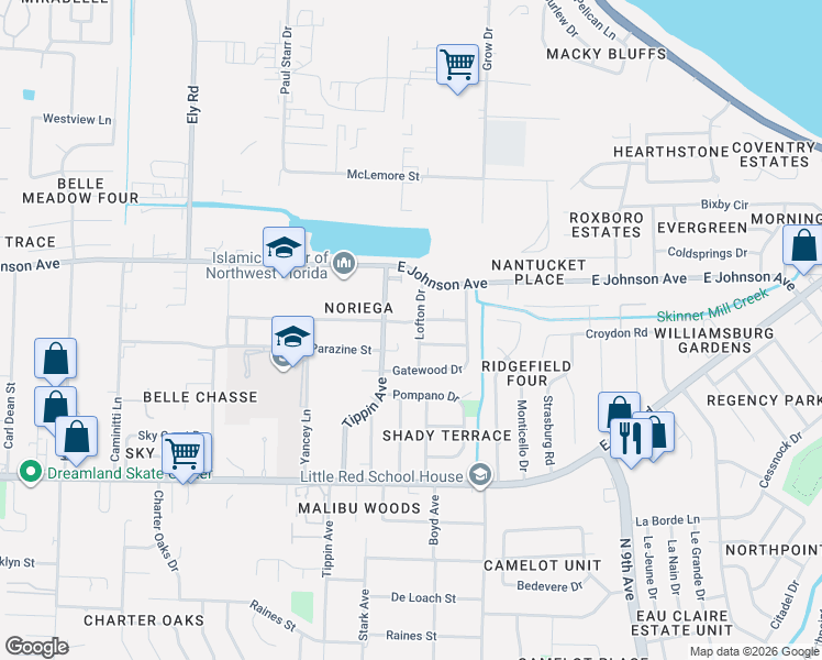 map of restaurants, bars, coffee shops, grocery stores, and more near 3685 Sagamore Drive in Pensacola