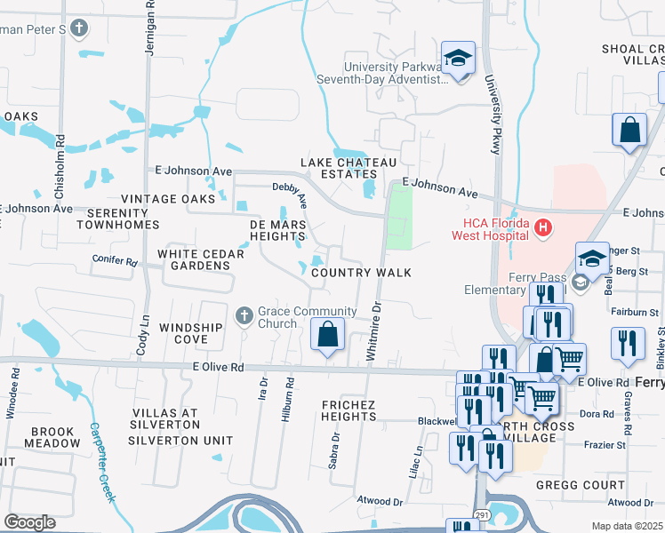 map of restaurants, bars, coffee shops, grocery stores, and more near 8349 Country Walk Drive in Pensacola