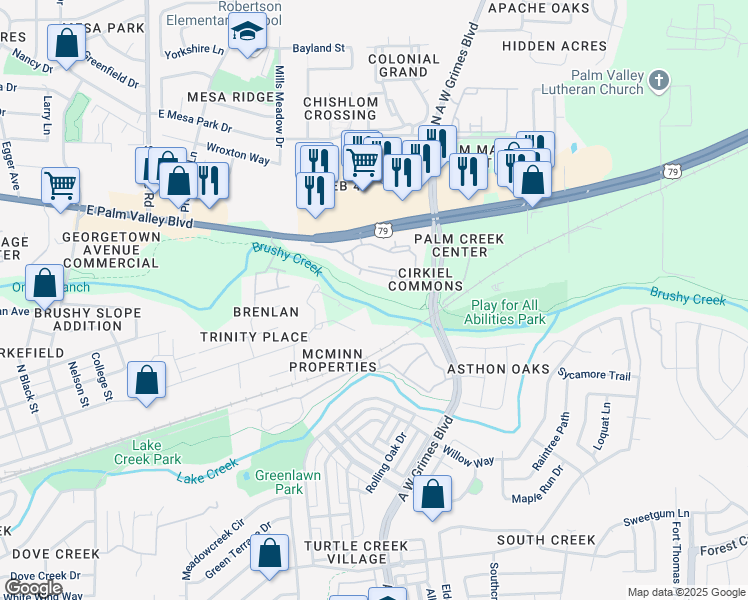 map of restaurants, bars, coffee shops, grocery stores, and more near 1806 Old Settlement Road in Round Rock