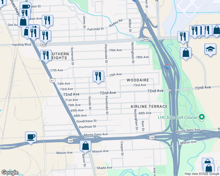 map of restaurants, bars, coffee shops, grocery stores, and more near 2401 72nd Avenue in Baton Rouge