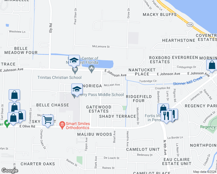 map of restaurants, bars, coffee shops, grocery stores, and more near 8395 Lofton Drive in Pensacola
