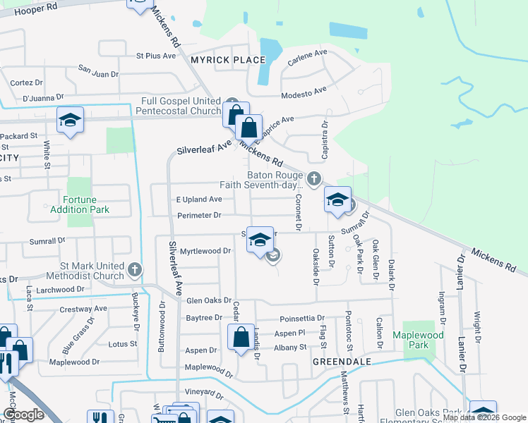 map of restaurants, bars, coffee shops, grocery stores, and more near 7136 Perimeter Drive in Baton Rouge
