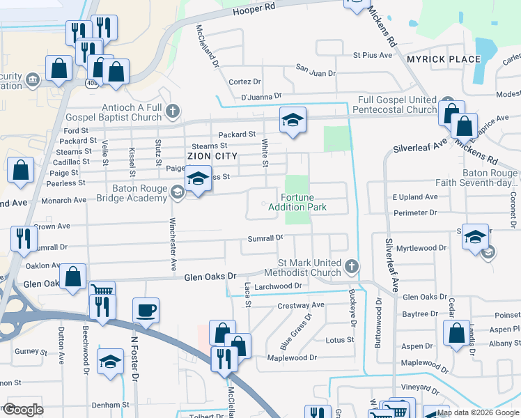 map of restaurants, bars, coffee shops, grocery stores, and more near 5651 East Crown Avenue in Baton Rouge