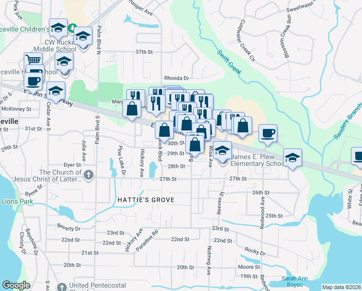 map of restaurants, bars, coffee shops, grocery stores, and more near 1480 30th Street in Niceville
