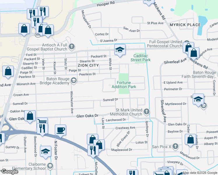 map of restaurants, bars, coffee shops, grocery stores, and more near 5651 East Crown Avenue in Baton Rouge