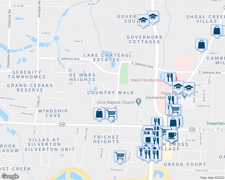 map of restaurants, bars, coffee shops, grocery stores, and more near 8360 Country Walk Drive in Pensacola