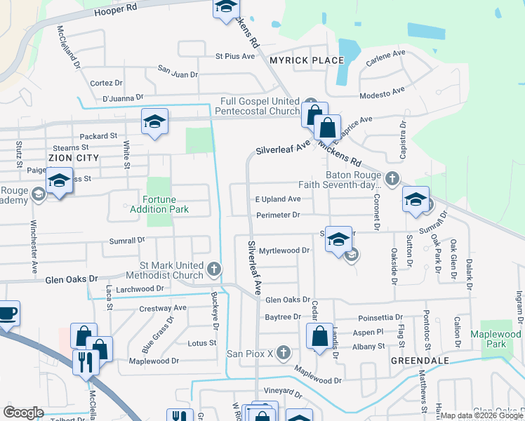 map of restaurants, bars, coffee shops, grocery stores, and more near 6663 Perimeter Drive in Baton Rouge