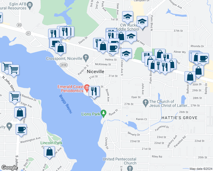 map of restaurants, bars, coffee shops, grocery stores, and more near 709 29th Street in Niceville
