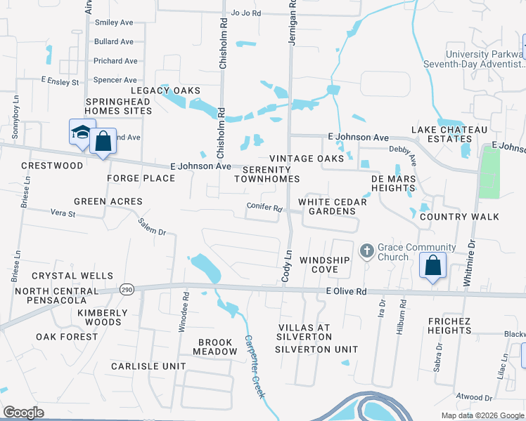map of restaurants, bars, coffee shops, grocery stores, and more near 1771 Conifer Road in Pensacola