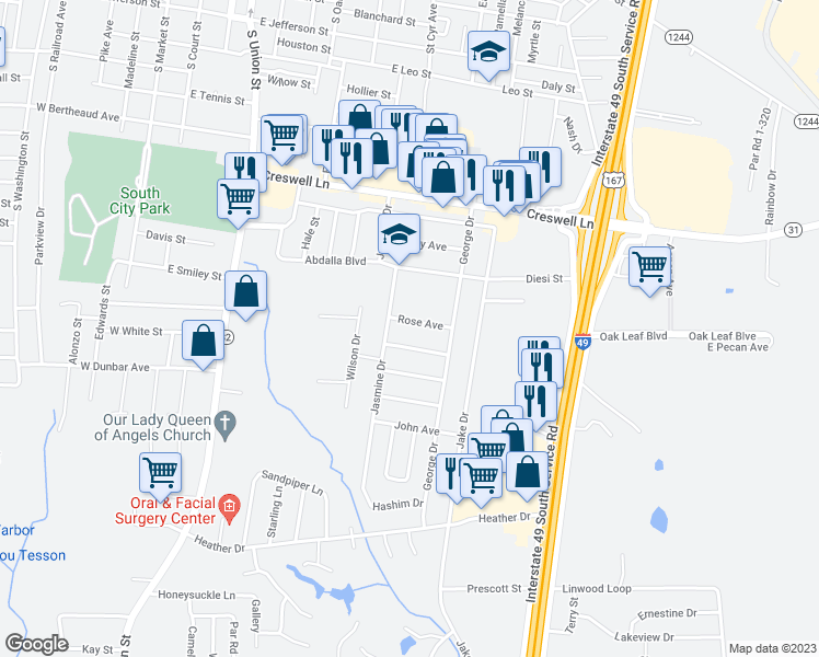 map of restaurants, bars, coffee shops, grocery stores, and more near 924 Rose Avenue in Opelousas