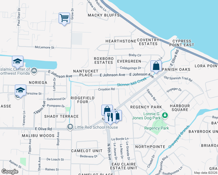 map of restaurants, bars, coffee shops, grocery stores, and more near 8343 Lyric Drive in Pensacola