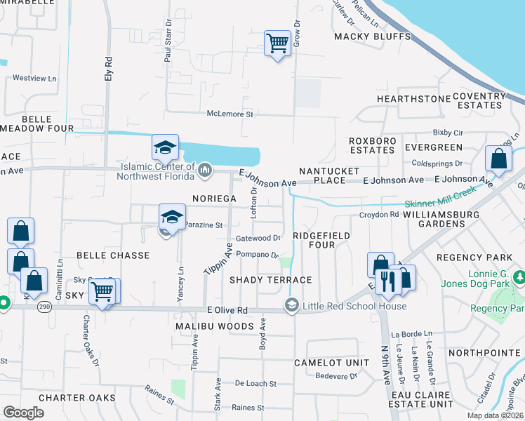 map of restaurants, bars, coffee shops, grocery stores, and more near 3625 Juanita Drive in Pensacola