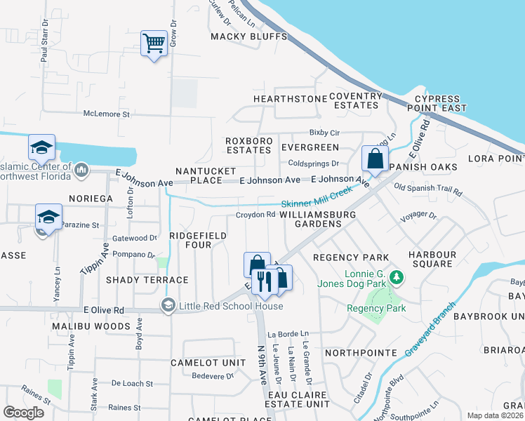map of restaurants, bars, coffee shops, grocery stores, and more near 8343 Lyric Drive in Pensacola