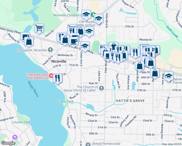 map of restaurants, bars, coffee shops, grocery stores, and more near 106 Vincent Circle in Niceville