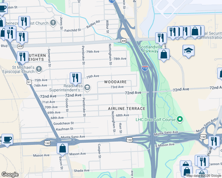 map of restaurants, bars, coffee shops, grocery stores, and more near 2752 72nd Avenue in Baton Rouge