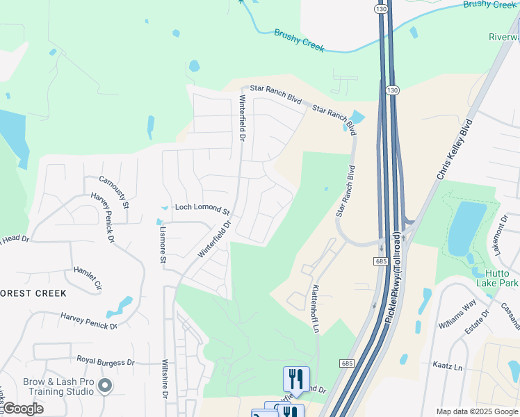 map of restaurants, bars, coffee shops, grocery stores, and more near 132 Danablu Drive in Hutto