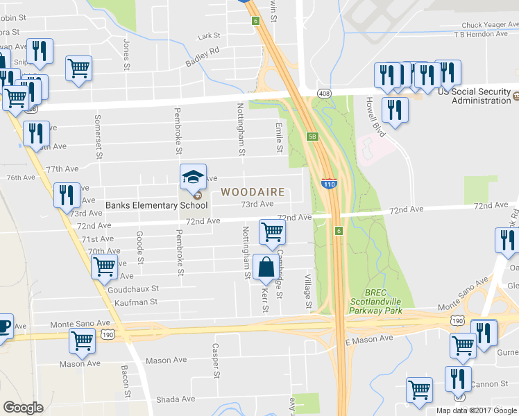map of restaurants, bars, coffee shops, grocery stores, and more near 2752 72nd Avenue in Baton Rouge