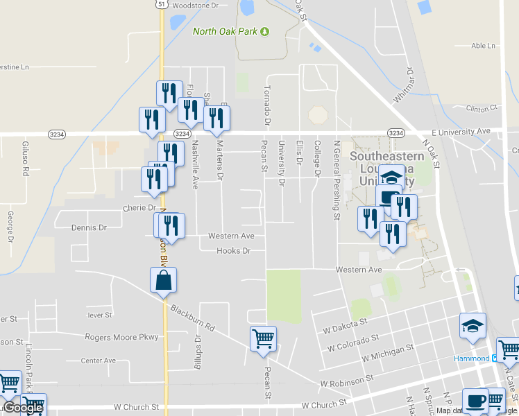 map of restaurants, bars, coffee shops, grocery stores, and more near 4 Longueleaf Drive in Hammond