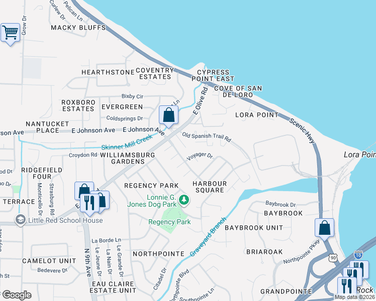 map of restaurants, bars, coffee shops, grocery stores, and more near 4615 Voyager Drive in Pensacola