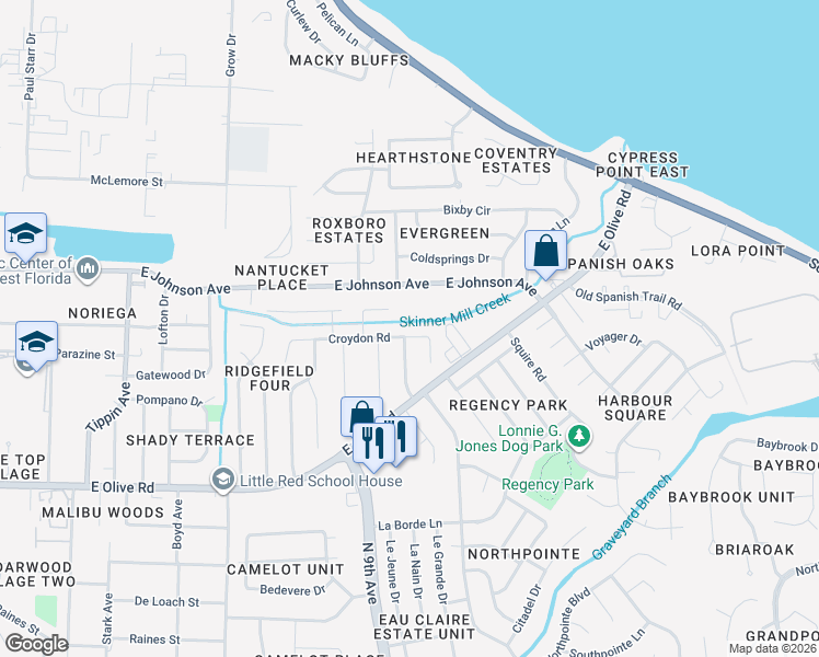 map of restaurants, bars, coffee shops, grocery stores, and more near 8350 Pilgrim Road in Pensacola