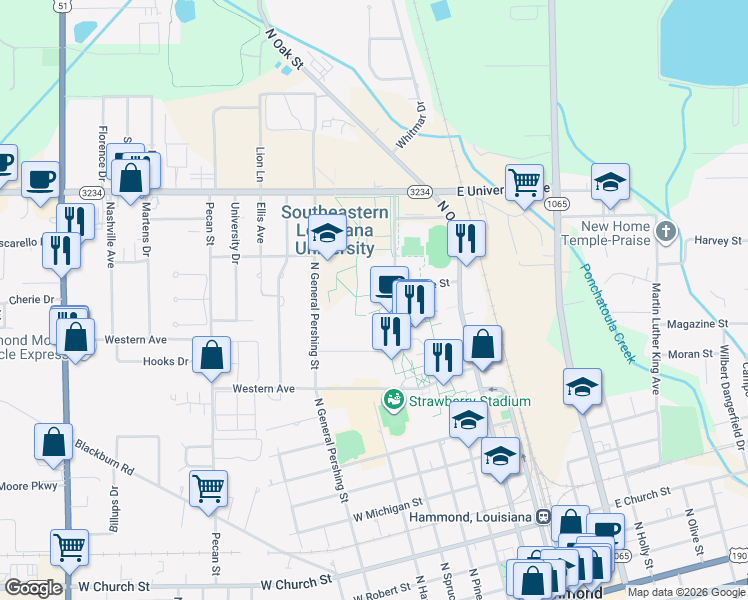 map of restaurants, bars, coffee shops, grocery stores, and more near in Hammond