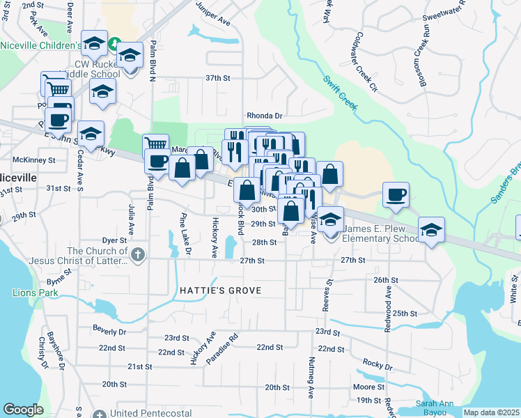 map of restaurants, bars, coffee shops, grocery stores, and more near 30th Street in Niceville