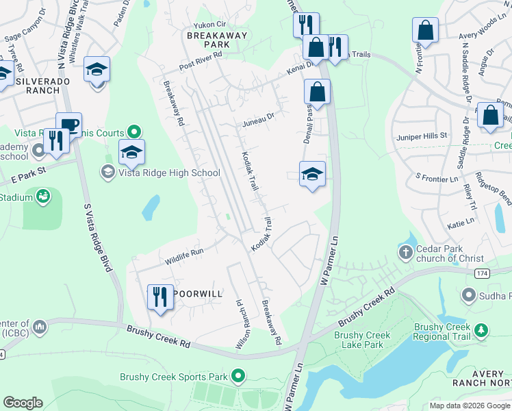 map of restaurants, bars, coffee shops, grocery stores, and more near 605 Kodiak Trail in Cedar Park