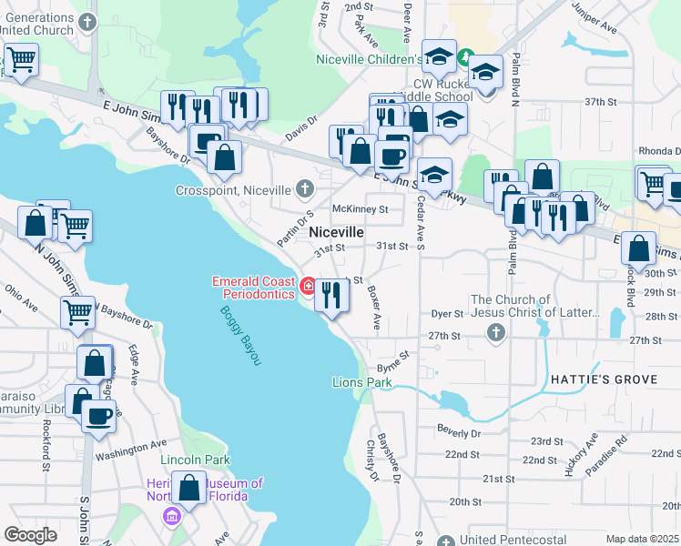 map of restaurants, bars, coffee shops, grocery stores, and more near 316 Reynolds Avenue in Niceville