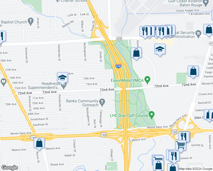 map of restaurants, bars, coffee shops, grocery stores, and more near 7264 Yorkshire Street in Baton Rouge