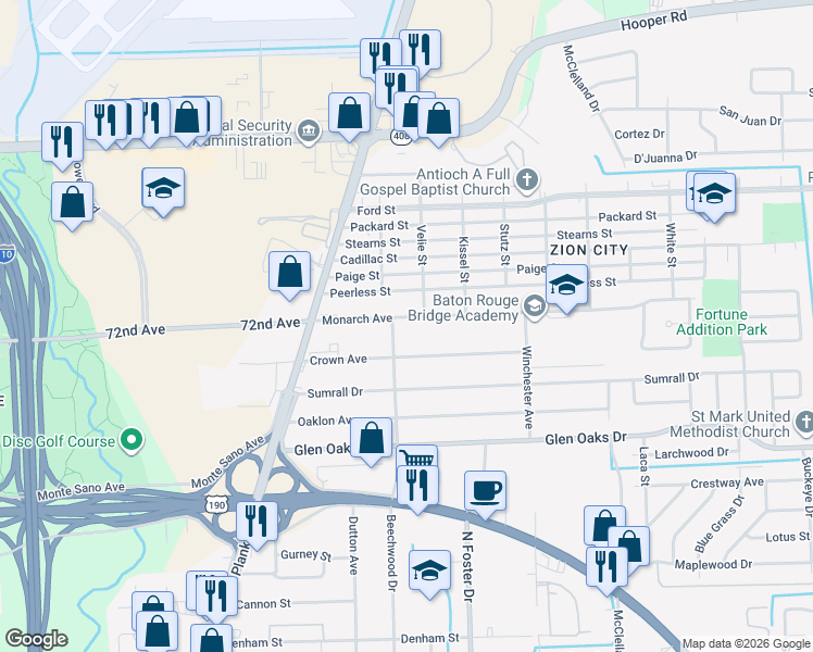 map of restaurants, bars, coffee shops, grocery stores, and more near 7026 Beechwood Drive in Baton Rouge