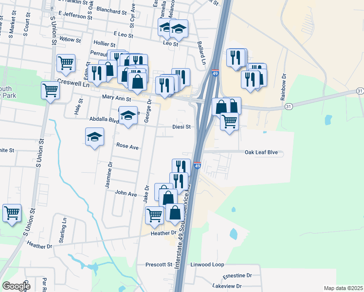 map of restaurants, bars, coffee shops, grocery stores, and more near 1600 Kerr Street in Opelousas
