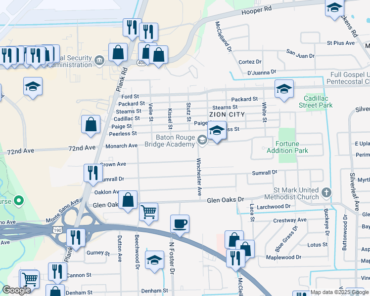 map of restaurants, bars, coffee shops, grocery stores, and more near 5165 Monarch Avenue in Baton Rouge