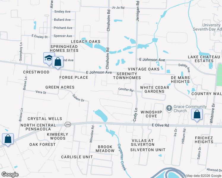 map of restaurants, bars, coffee shops, grocery stores, and more near 1688 Cedrus Lane in Pensacola