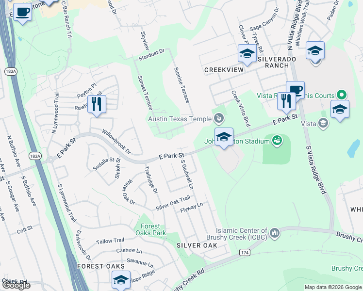 map of restaurants, bars, coffee shops, grocery stores, and more near 1605 Teal Trail in Cedar Park