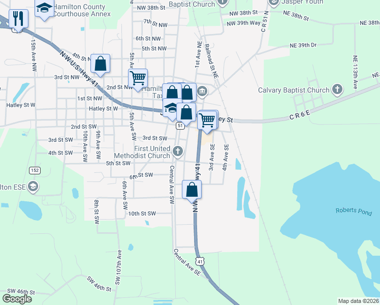 map of restaurants, bars, coffee shops, grocery stores, and more near 317 1st Avenue Southeast in Jasper