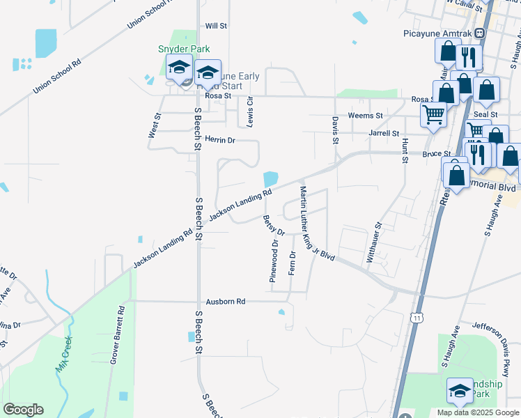 map of restaurants, bars, coffee shops, grocery stores, and more near 1300 Sally Drive in Picayune