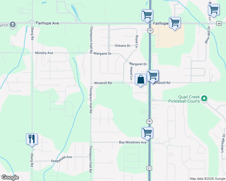 map of restaurants, bars, coffee shops, grocery stores, and more near 9560 Windmill Road in Fairhope