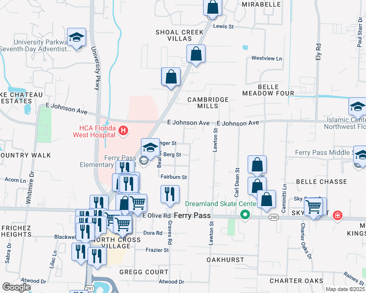 map of restaurants, bars, coffee shops, grocery stores, and more near 2330 Klinger St in Pensacola