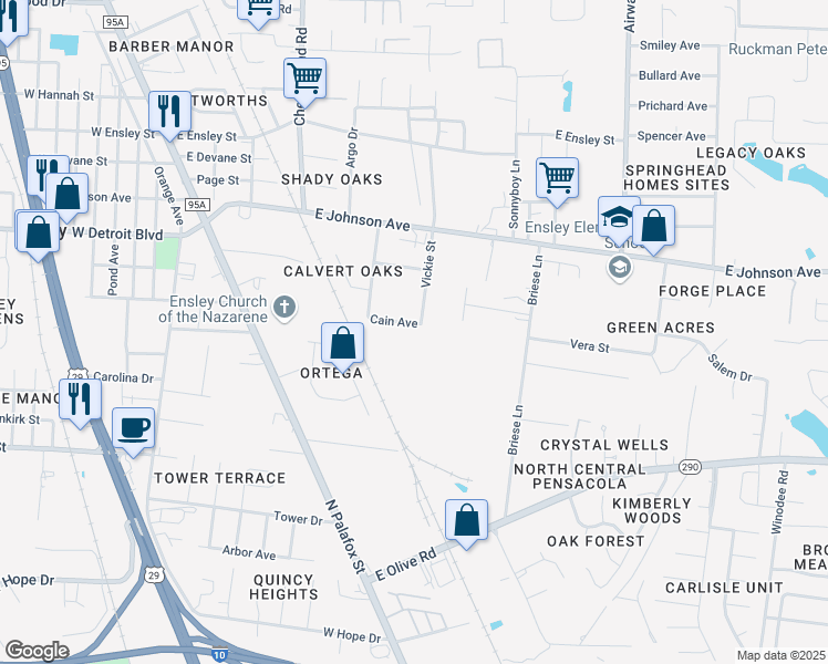 map of restaurants, bars, coffee shops, grocery stores, and more near 8313 Vickie Street in Pensacola