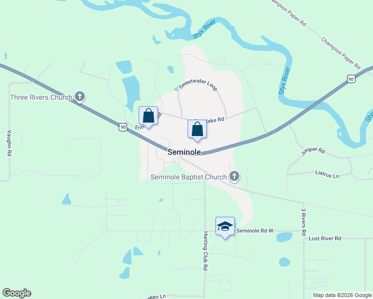 map of restaurants, bars, coffee shops, grocery stores, and more near 32391 Us Highway 90 in Baldwin
