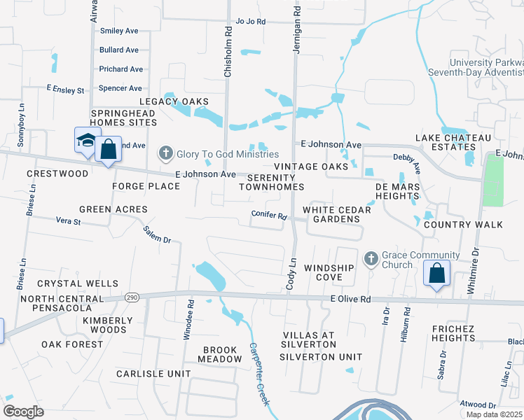 map of restaurants, bars, coffee shops, grocery stores, and more near 8433 Meliaceae Drive in Pensacola