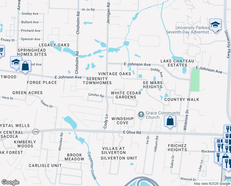 map of restaurants, bars, coffee shops, grocery stores, and more near 969 Black Walnut Trail in Pensacola