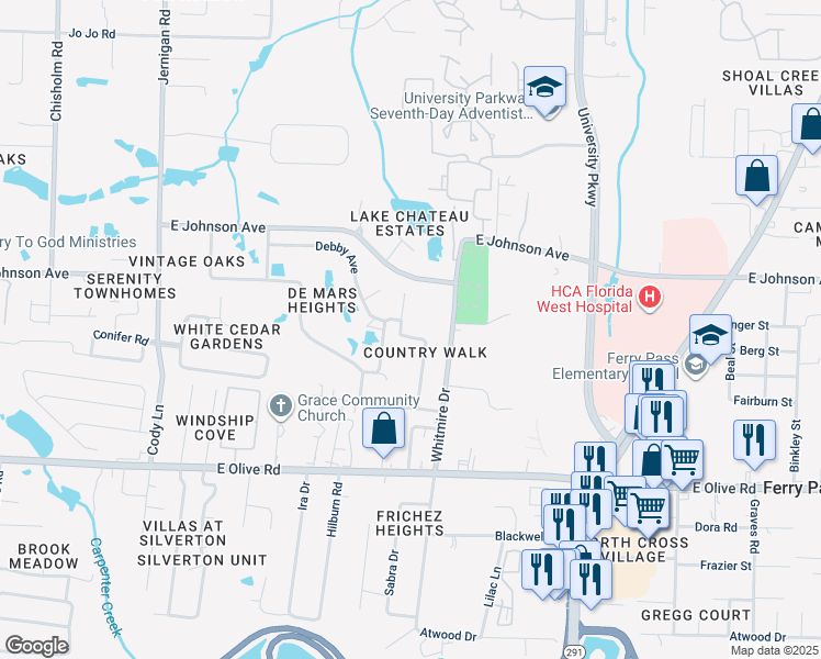 map of restaurants, bars, coffee shops, grocery stores, and more near 8400 Country Walk Drive in Pensacola