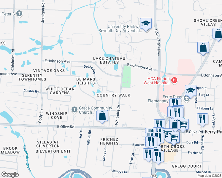 map of restaurants, bars, coffee shops, grocery stores, and more near 8380 Country Walk Drive in Pensacola