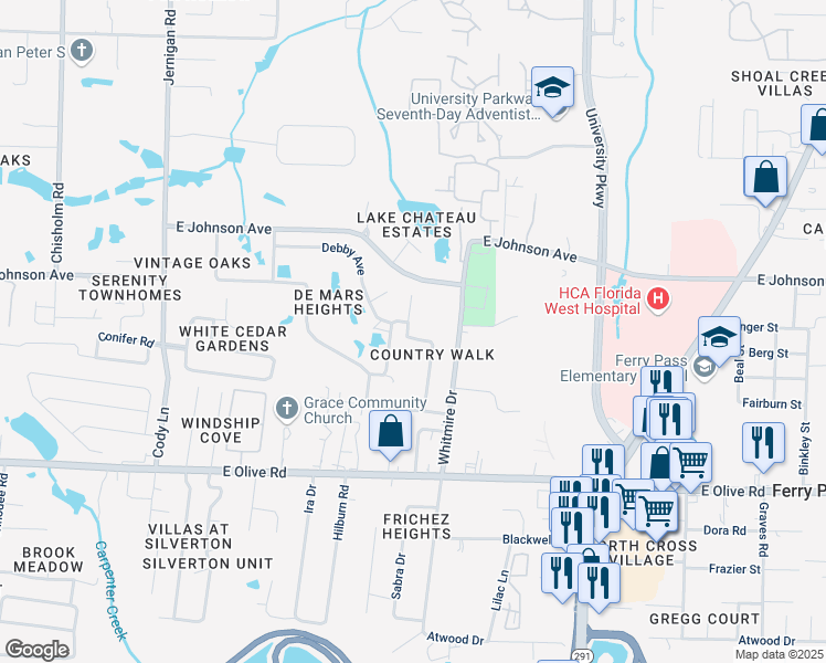 map of restaurants, bars, coffee shops, grocery stores, and more near 8390 Country Walk Drive in Pensacola