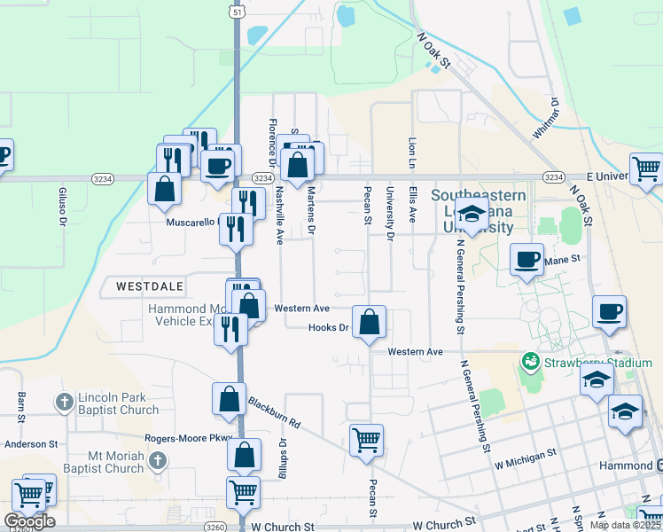map of restaurants, bars, coffee shops, grocery stores, and more near 10 Audubon Place in Hammond