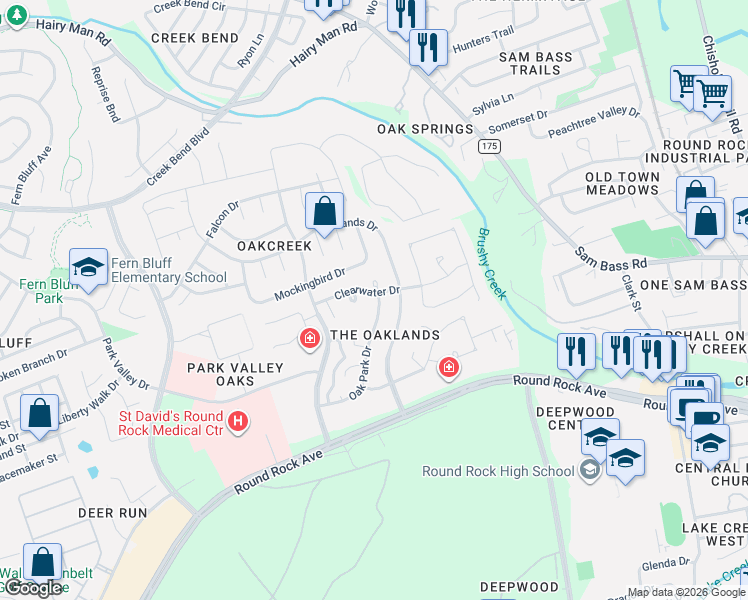 map of restaurants, bars, coffee shops, grocery stores, and more near 900 Oak Park Drive in Round Rock