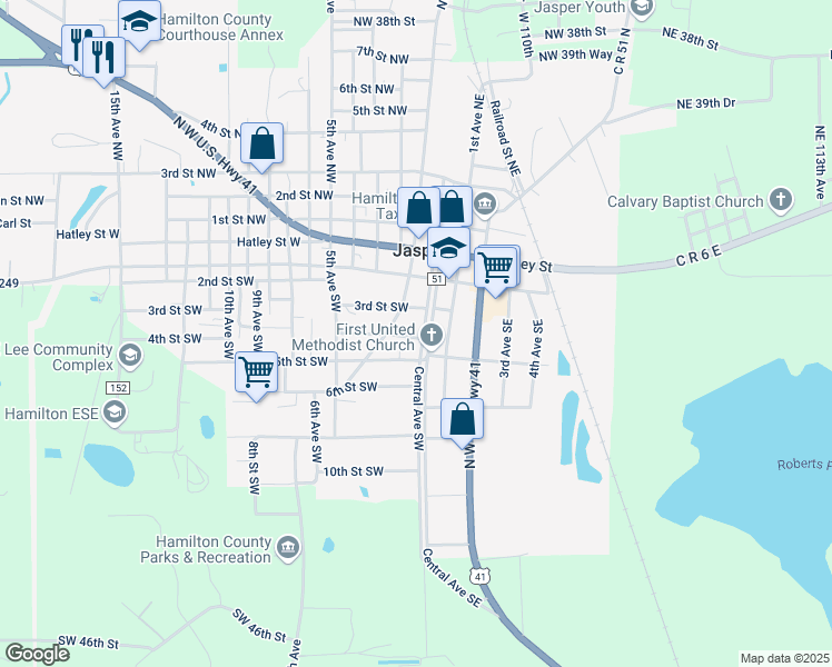 map of restaurants, bars, coffee shops, grocery stores, and more near 314 Central Avenue Southwest in Jasper