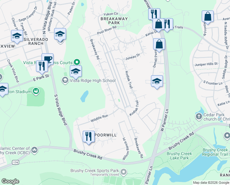 map of restaurants, bars, coffee shops, grocery stores, and more near 700 Breakaway Road in Cedar Park